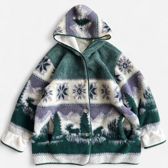 Cs Signature Jackets & Blazers - Vintage CS Signature Heavy Fleece Hooded Button Front Jacket Forest Moose Bear